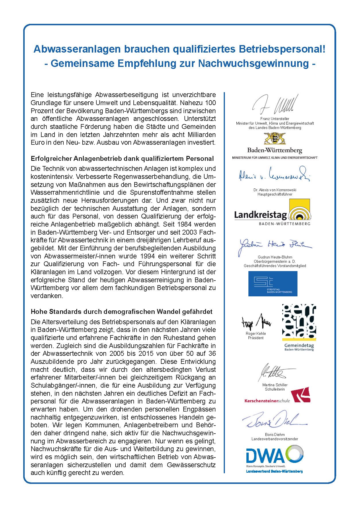 Empfehlung von verschiedenen Akteuren "Abwasseranlagen brauchen qualifiziertes Betriebspersonal! Gemeinsame Empfehlung zur Nachwuchsgewinnung"