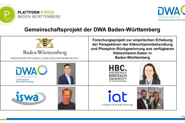 Erste Folie der Zwischenergebnisse des Forschungsprojekts zur empirischen Erhebung der PErspektiven der Klärschlammbehandlung und Phosphor-Rückgewinnung aus verfügbaren Klärschlamm-Daten in Baden-Württemberg