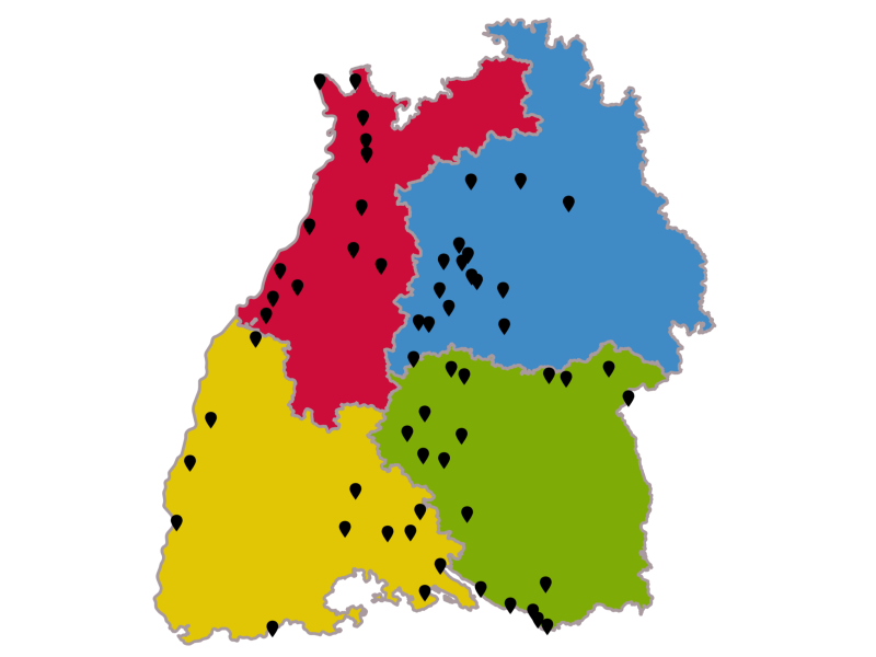 Karte der Sonder-Nachbarschaft Spurenstoffe in Baden-Württemberg mit den Standorten der einzelnen Kläranlagen
