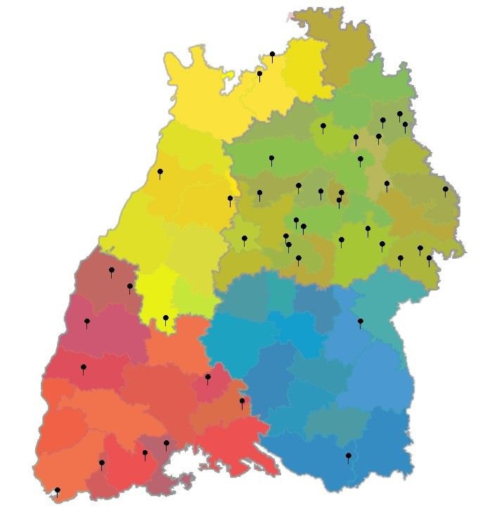 Karte der Sonder-Nachbarschaft Tropfkörper-Anlagen in Baden-Württemberg mit den eingezeichneten Kläranlagen