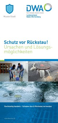Cover des Flyers "Schutz vor Rückstau" auf dem verschiedene Fälle von Rückstauschäden zu sehen sind.
