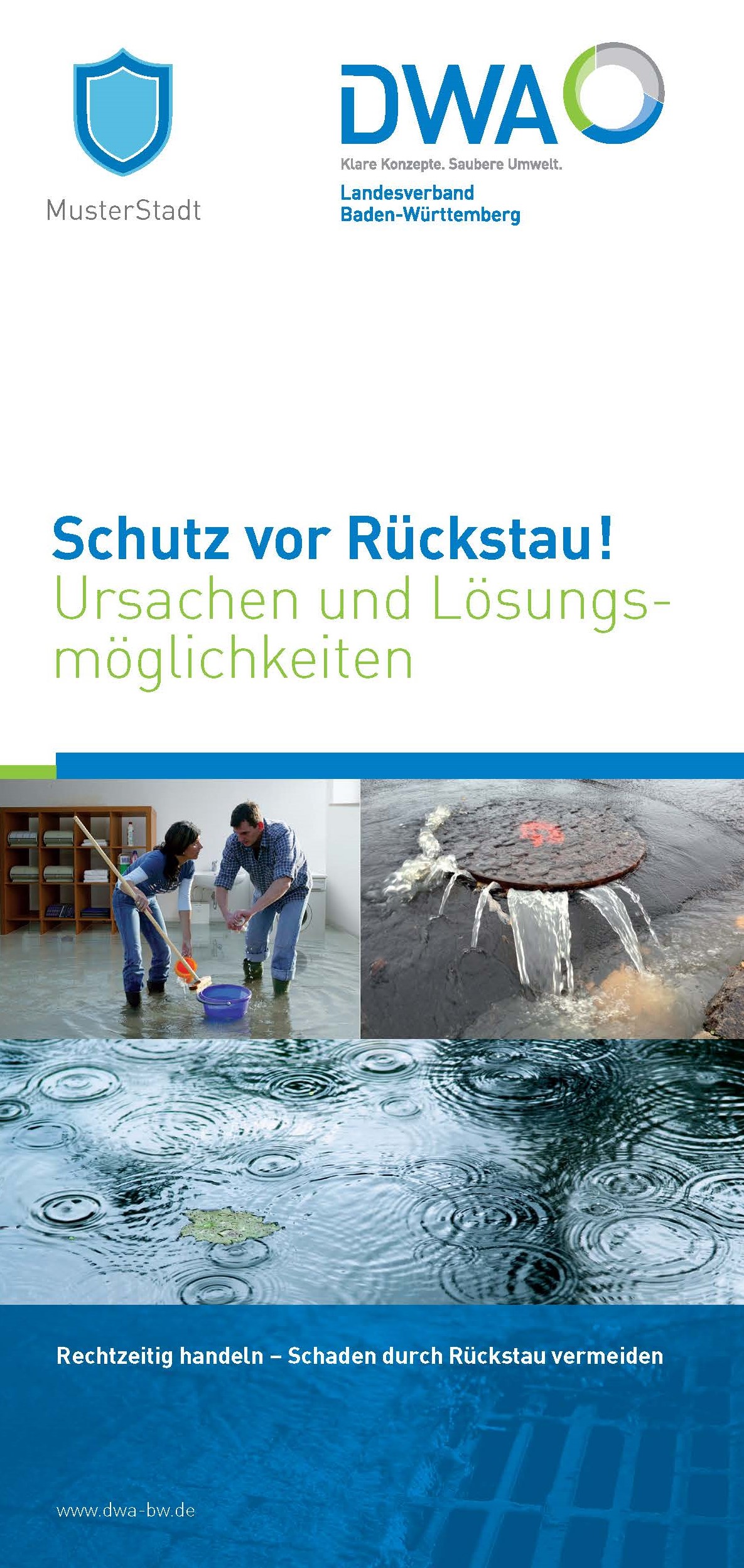 Cover des Flyers "Schutz vor Rückstau" auf dem verschiedene Fälle von Rückstauschäden zu sehen sind.