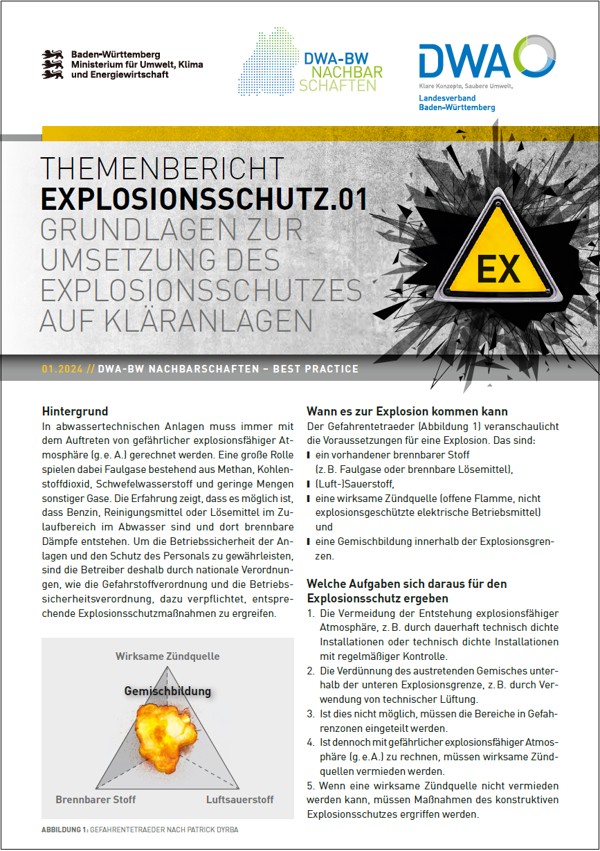 Erste Seite des Themenberichts Explosionsschutz.01 - Grundlagen zur Umsetzung des Explosionsschutzes auf Kläranlagen.